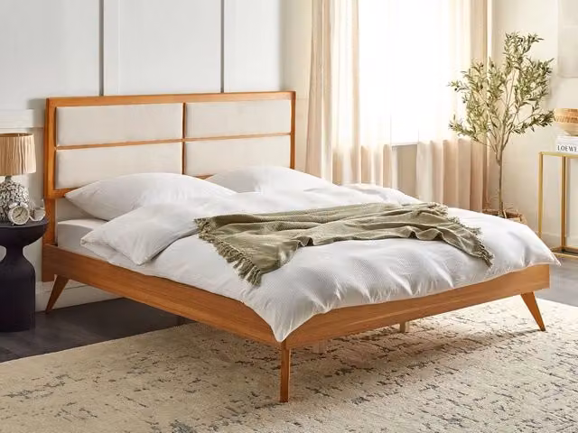 Letto moderno BELIANI in frassino marrone con testata imbottita e rete a doghe in legno L/P/H: 180 x 200 x 149 cm