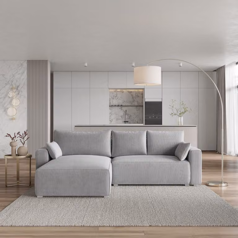 Divano angolare Masseno FORIL P con funzione letto a L, divano con box letto, divano da salotto, divano, divano, divano letto, set di divani - grigio chiaro, POSO 55