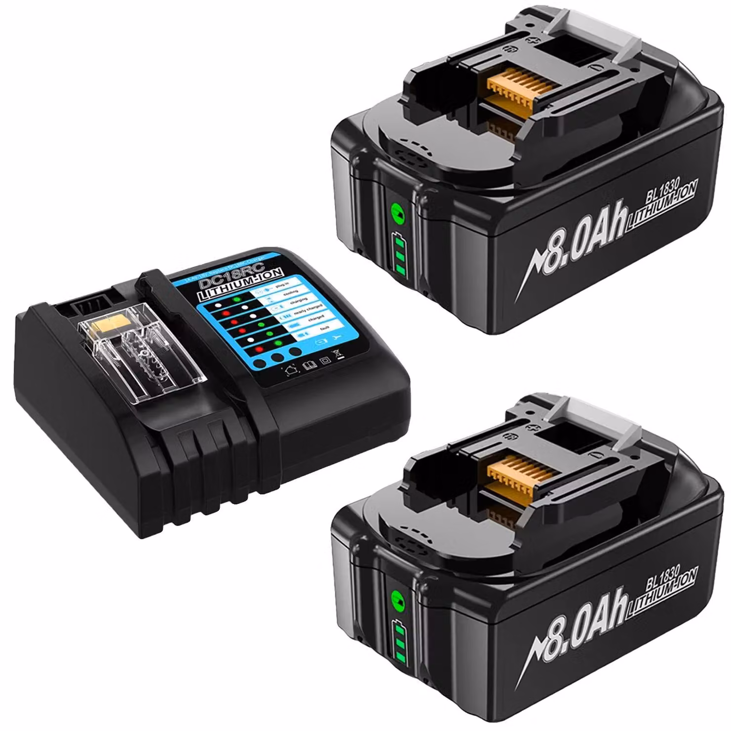 Batteria per utensili elettrici, capacità 8000 mAh, caratteristiche di sicurezza, 2 batterie da 8,0 Ah con caricabatterie, 18 V-c