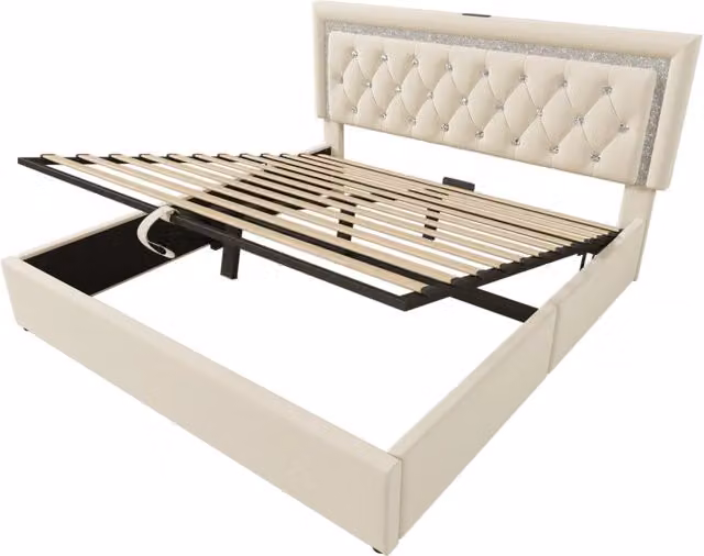 Letto imbottito 160x200 cm in velluto beige con contenitore idraulico, testiera regolabile con LED e ricarica USB/Type-C, senza materasso