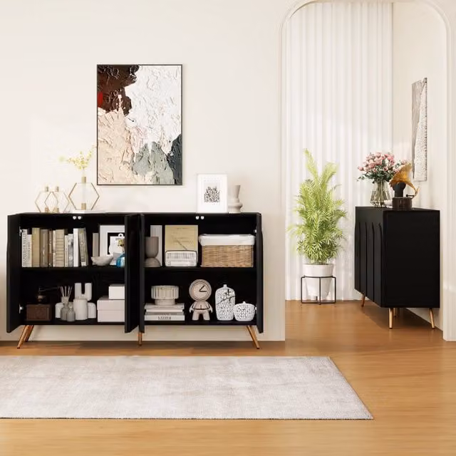 Credenza Mid-Century ¨C Xylo ¨C Nero, Legno, Ante ad Arco, Ripiani, Gambe Metallo Oro