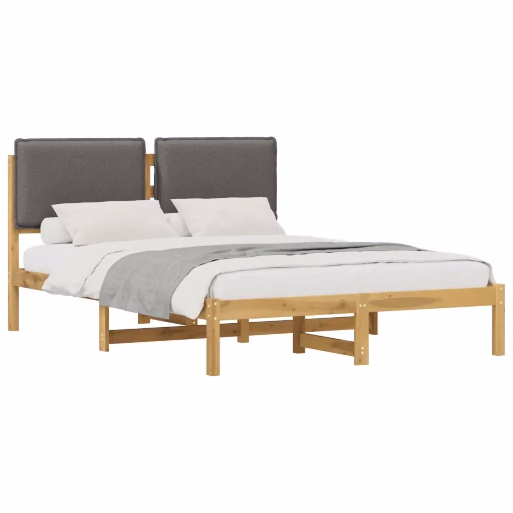 Letto con testiera rivestita vidaXL in legno di acacia e tessuto, Bianco lavato e Grigio chiaro, L/P/H: 140 x 190 x 85 cm – 2