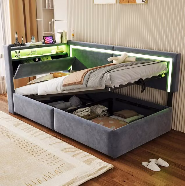 Divano letto imbottito 90x200 cm in velluto grigio con LED; USB e contenitore