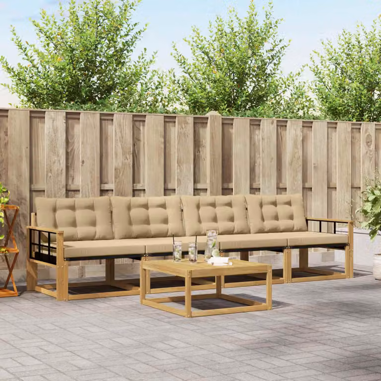 Set di divani da esterno vidaXL 5 pezzi in legno di acacia con tavolino e cuscini, Bianco e Beige