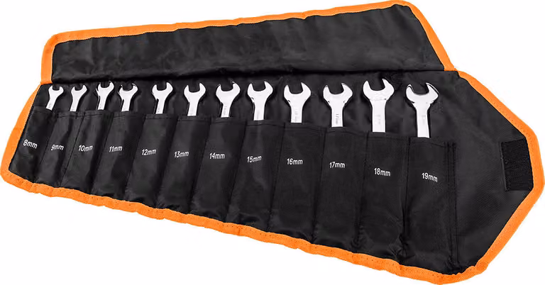 Set di chiavi ad anello a cricchetto NEO TOOLS con 12 chiavi combinate piatte con cricchetto e leva di commutazione 8-19 mm