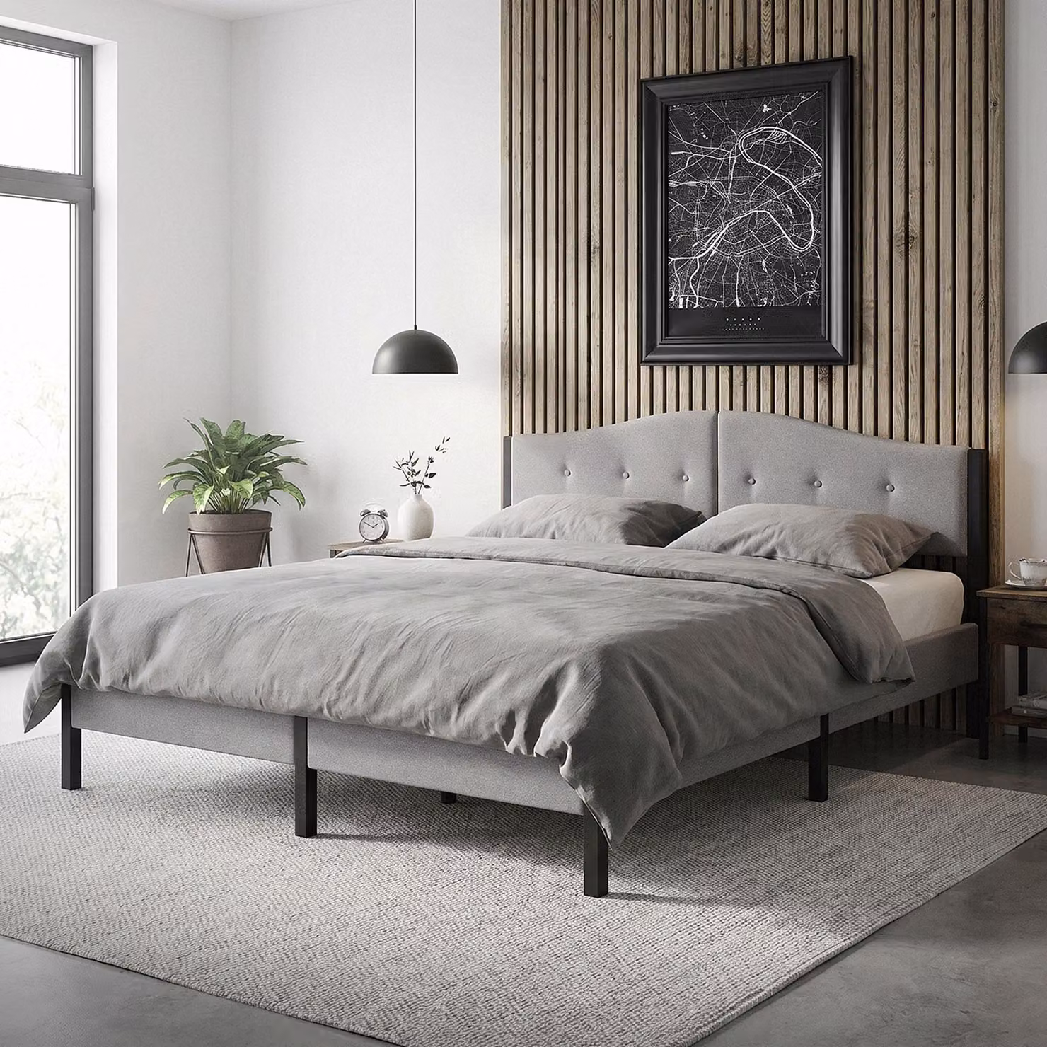 Letto imbottito ML-Design 180x200 cm, grigio. Letto matrimoniale con solida struttura, testiera, rete a doghe e rivestimento in lino. Letto moderno per ragazzi.
