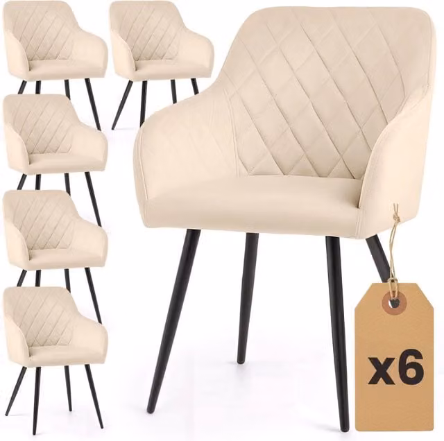 Set di 6 Sedie in velluto con cuciture a rombi VELTO Beige gambe nere