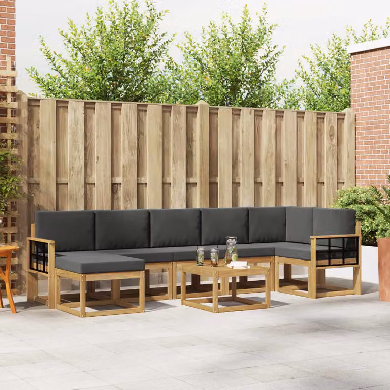 vidaXL Set di divani da esterno a forma di U composto da 8 pezzi in legno di acacia con cuscini in poliestere bianco e antracite