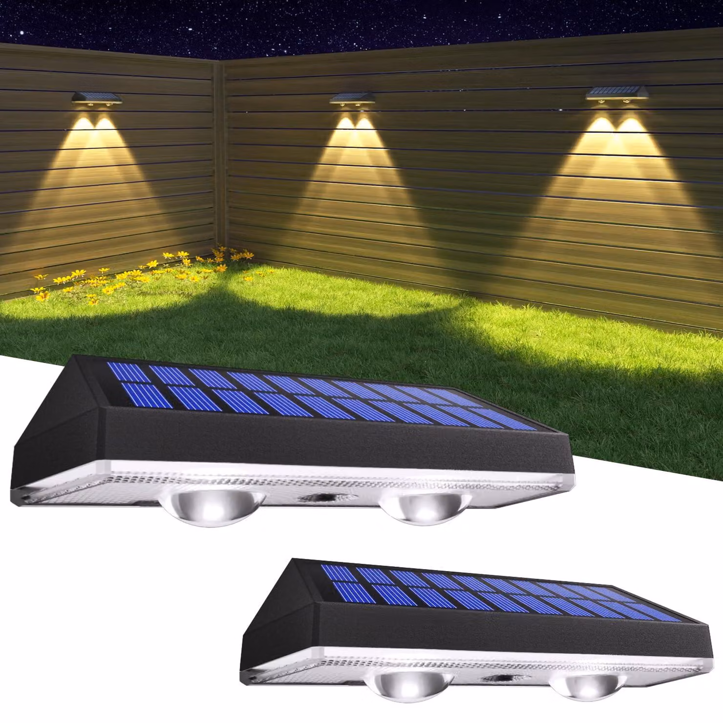 Lampade solari per recinzioni, confezione da 2, 3 modalità di illuminazione, grado di protezione IP65, LED da 50 lumen
