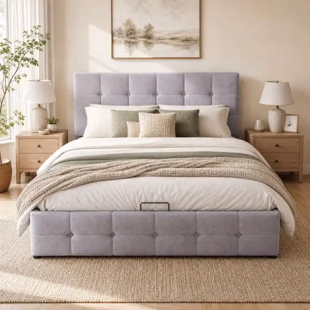 Letto imbottito ULEVR 140x200 cm con contenitore idraulico e rete a doghe, velluto grigio