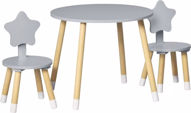 Set con Tavolo e 2 Sgabelli Salvaspazio Aosom per Bambini con Schienale a Stella in MDF e Legno, Grigio – 1