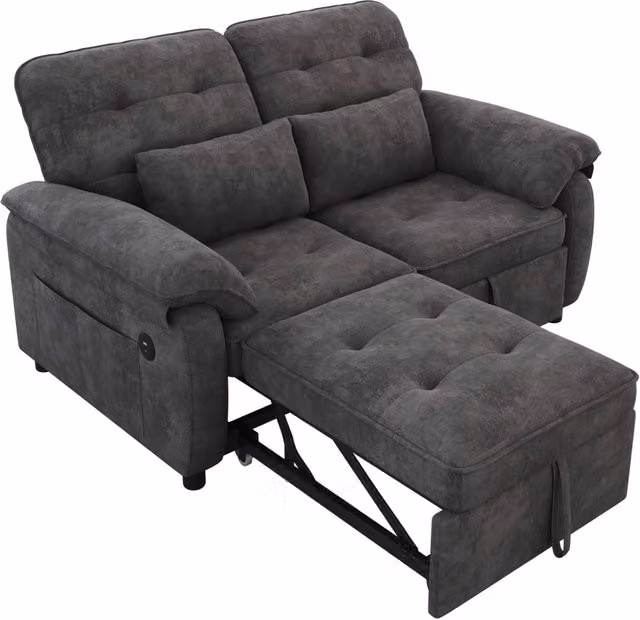 Divano Letto 3-in-1 a Due Posti con Schienale Regolabile, Rivestimento in Chenille Grigio, con Funzione Letto e Porta USB, Include 2 Cuscini