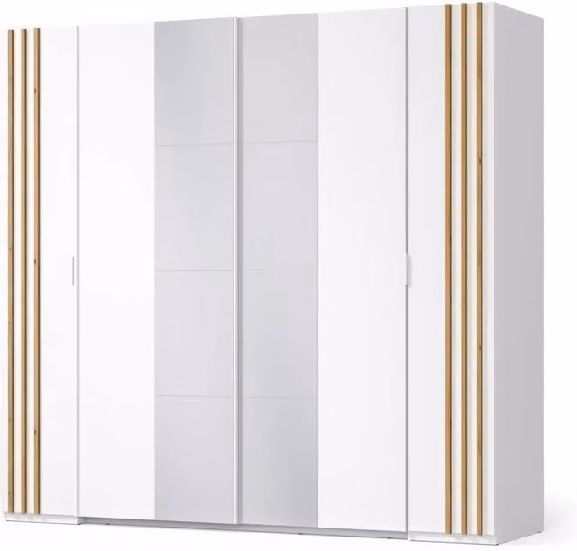 Armadio FLORENCE – Bianco e quercia – 2 porte scorrevoli + 2 a battente – L218 cm – 10 ripiani