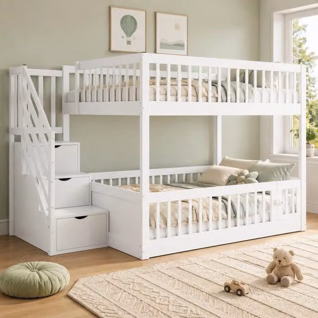Letto a castello in legno massello 140x200 cm con scala contenitore; cassetti e porta; bianco