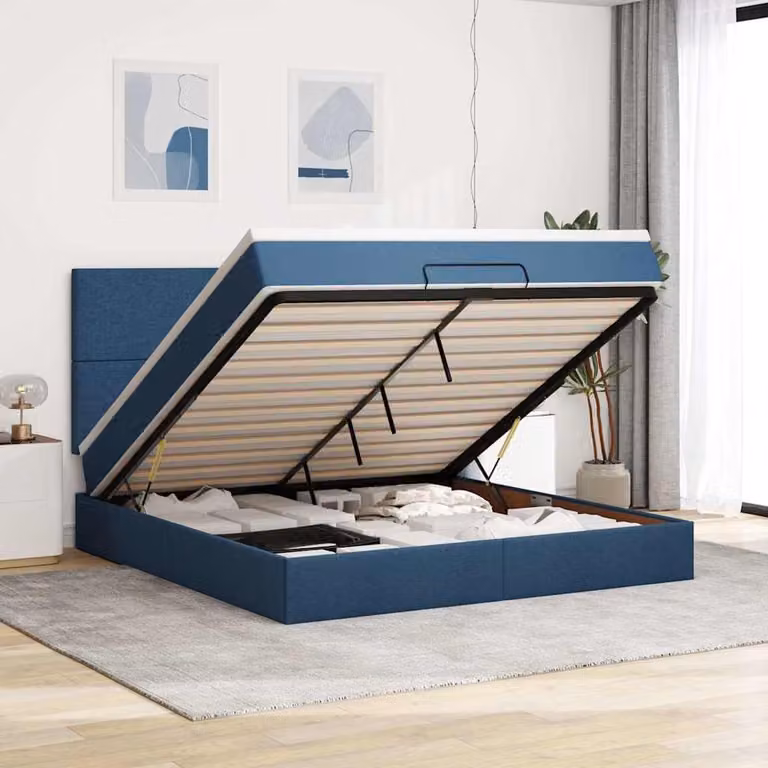 Letto con contenitore e materasso vidaXL in tessuto blu e bianco, con base a sollevamento, illuminazione sottostante e porta di ricarica USB, L/P/H: 160 x 200 x 128 cm