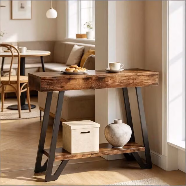 Tavolino basso rettangolare OKWISH in stile industriale con ripiani in MDF e metallo, nero e marrone