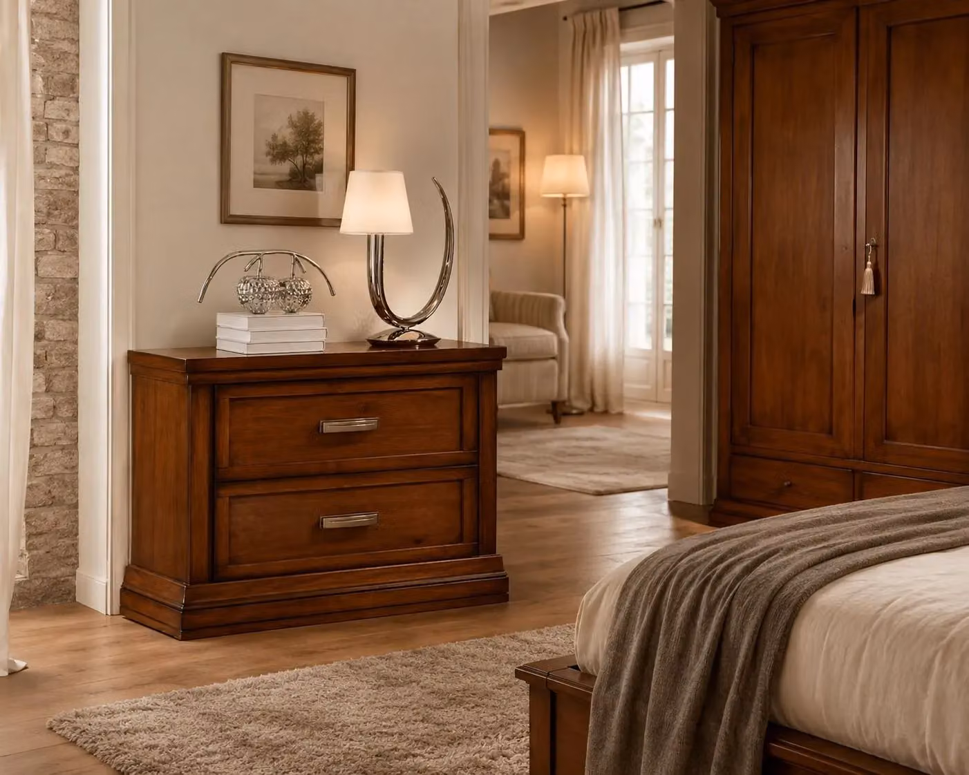 Comodino classico con 2 cassetti in legno color noce Mobili 2G L: 63,5 cm, P: 39 cm, H: 54 cm – 3