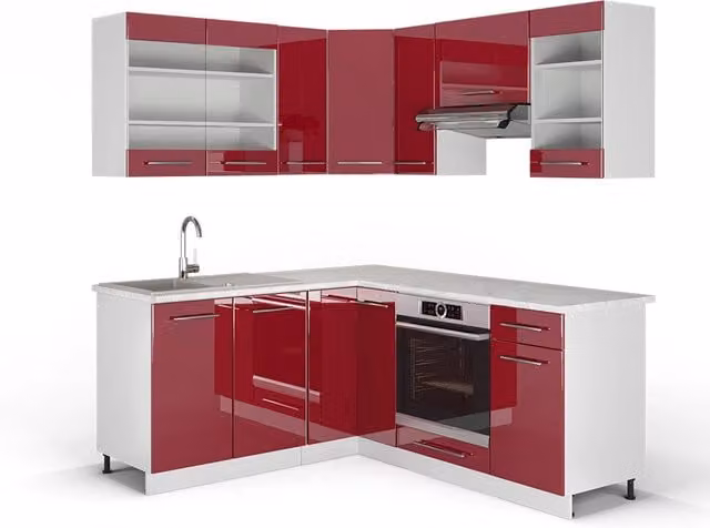Cucina angolare moderna Fame-Line Vicco Bordeaux lucido e Bianco con piano in marmo L/P/H: 190 x 160 x 60 cm – 1