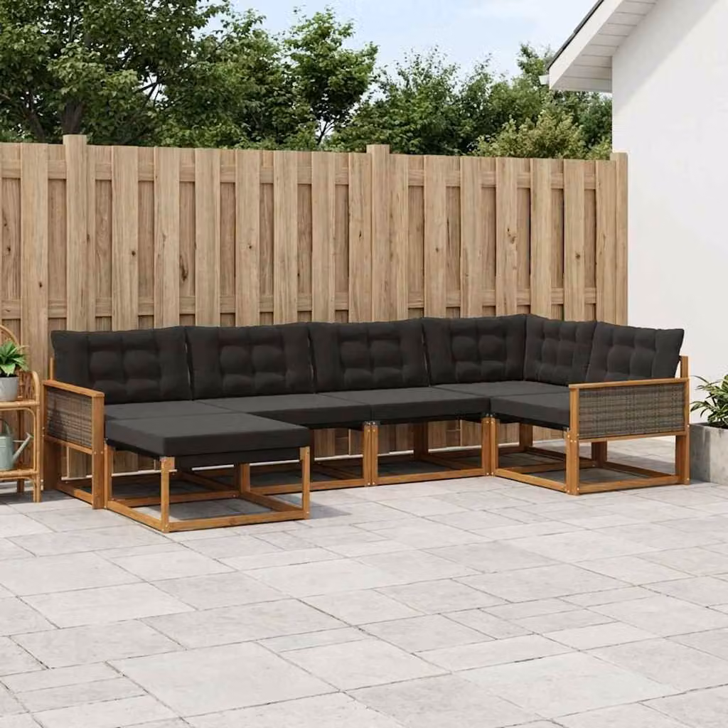 Set di divani da esterno vidaXL a forma di L composto da 6 pezzi in legno di acacia con cuscini inclusi, colore marrone e nero