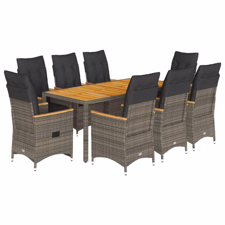 Set da Pranzo da Giardino 9 pz con Cuscini in Polyrattan Grigio