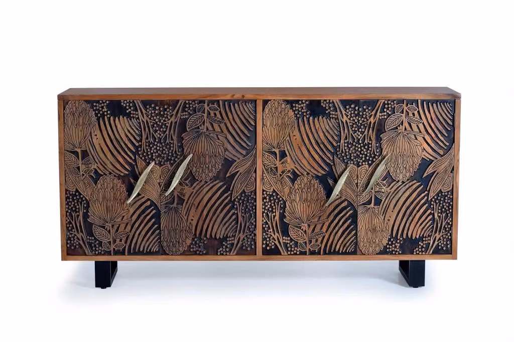 Credenza etnica in legno di acacia con decorazioni floreali intagliate a mano, colori marrone e nero – 2