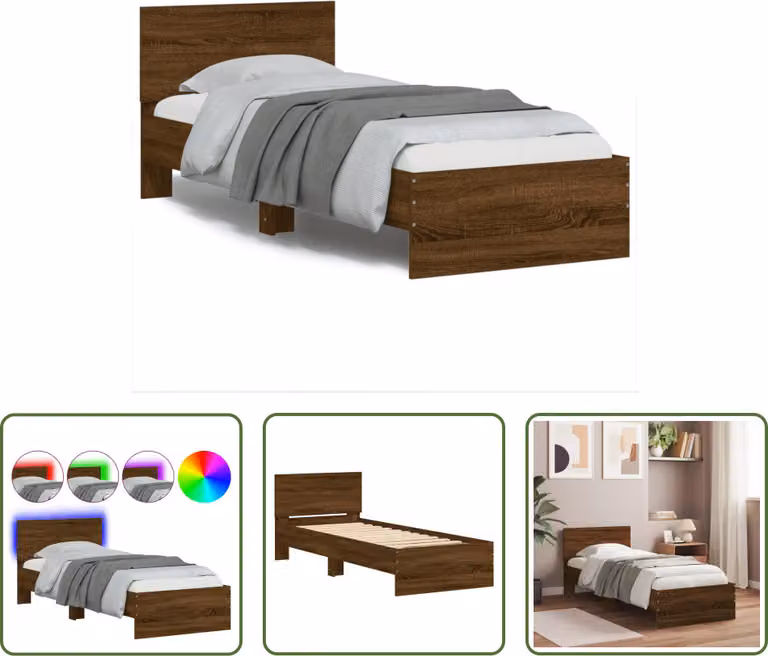The Living Store Struttura letto con testiera e luci LED in rovere marrone 75x190 cm