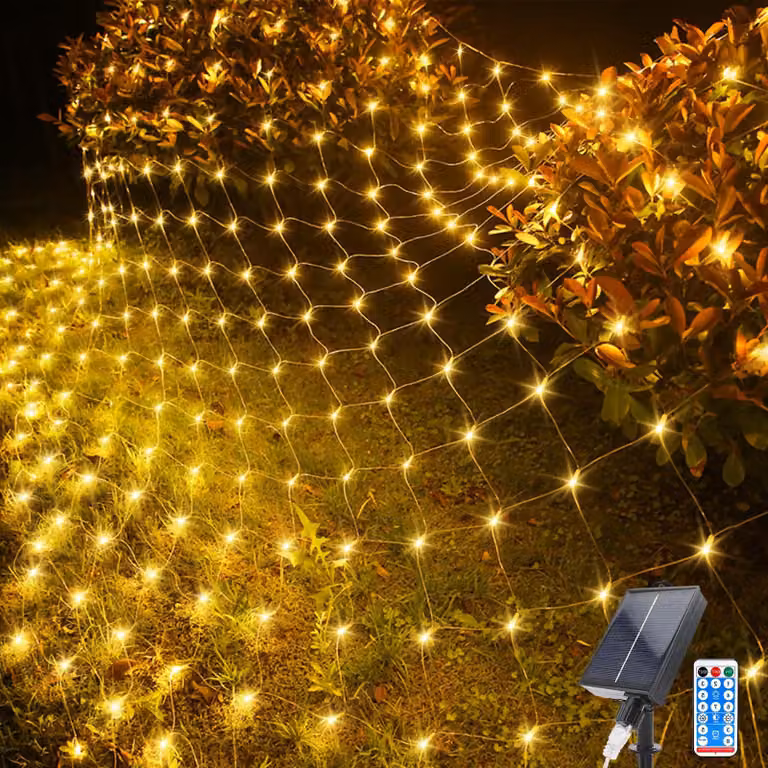 Catena luminosa a LED, dimensioni 2x3 metri, 198 LED, alimentazione solare, 8 modalità, grado di protezione IP65, luce bianco caldo