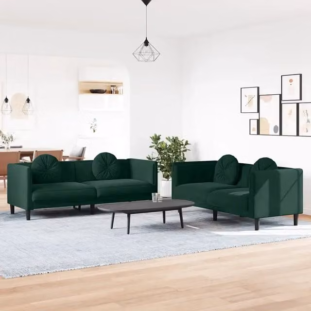 Set di divani vidaXL in velluto verde con cuscini, composto da un divano a 2 posti e un divano a 3 posti con struttura in legno massiccio e design moderno