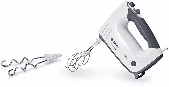 Sbattitore elettrico BOSCH MFQ37400, 750 W, 5 Velocità e Turbo, Leggero, Impugnatura Ergonomica, Fruste Ganci in Acciaio Inox, Bianco, Grigio