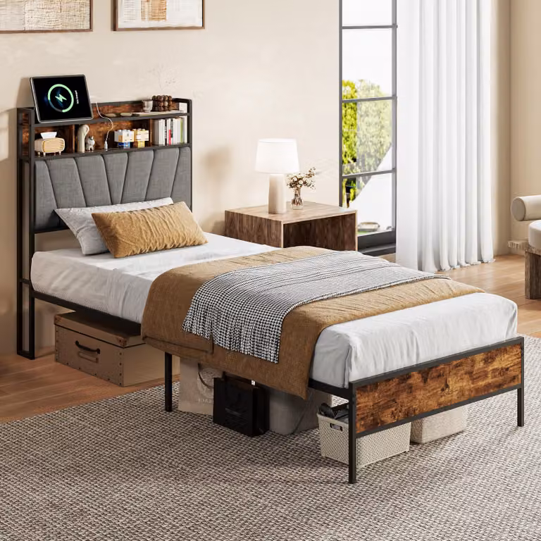 Letto imbottito 90x200 cm con spazio contenitore, testiera con connessioni USB e Type-C, illuminazione LED, struttura in metallo con schienale imbottito, spazio contenitore sotto il letto di 31,7 cm, letto per ragazzi in stile vintage, colore marrone e gr