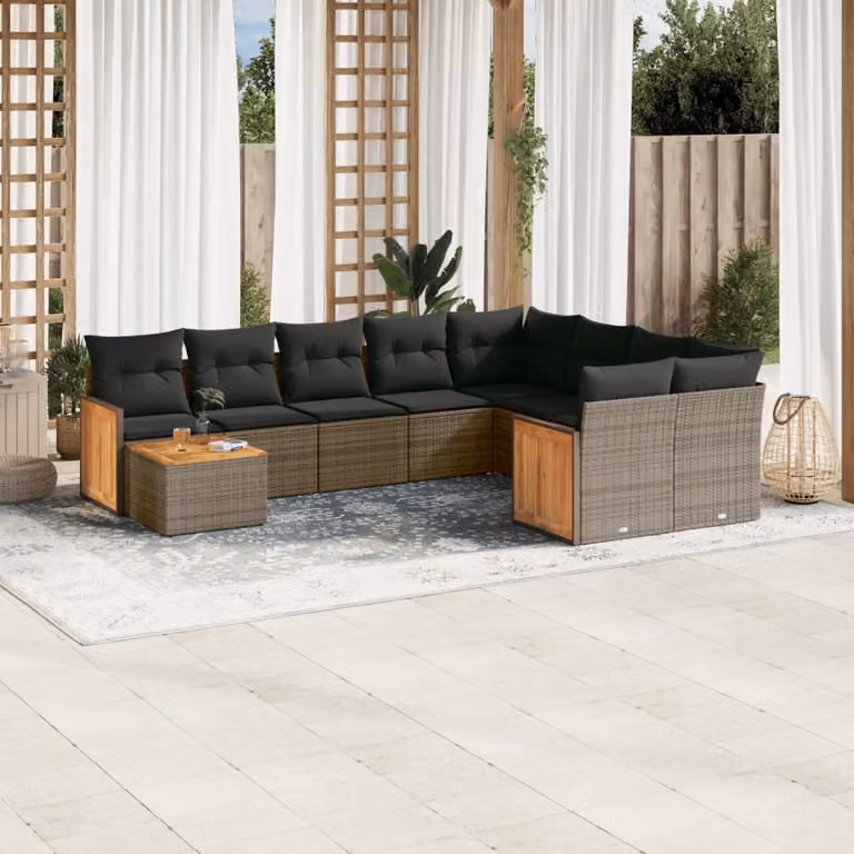 vidaXL Set Divano da Giardino 10 pz in Polyrattan Grigio con Cuscini e Tavolino da Esterno a Forma di L
