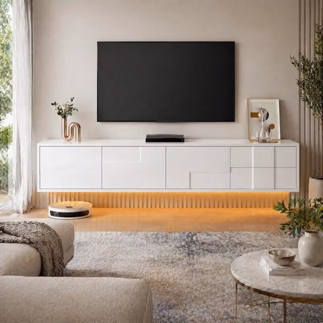 Mobile TV moderno REDOM bianco con 3 ante e 2 cassetti L: 170 cm, P: 30 cm, H: 30,5 cm