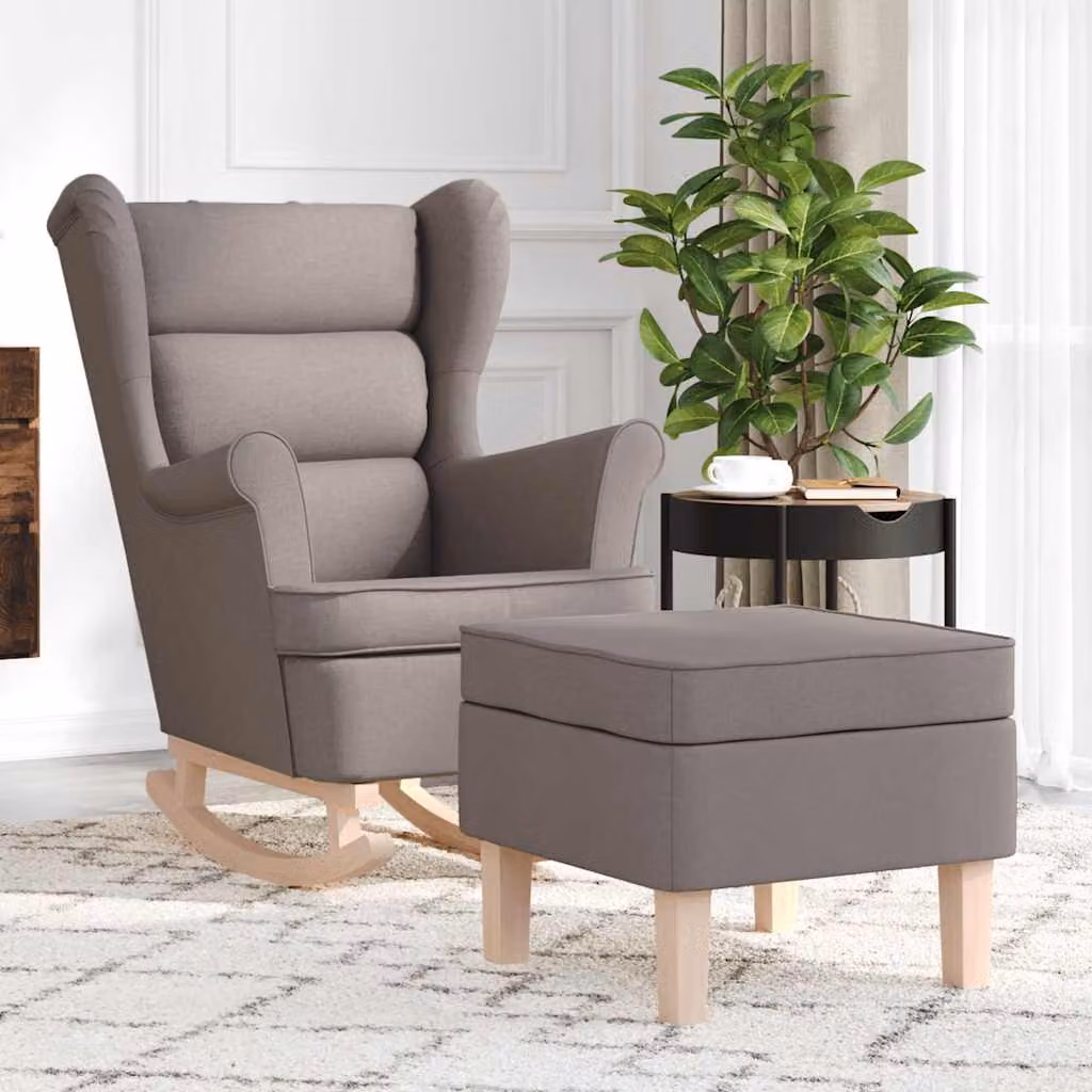 vidaXL Poltrona a Dondolo con Poggiapiedi in Tessuto Beige e Grigio con Imbottitura in Schiuma e Struttura in Legno di Gomma