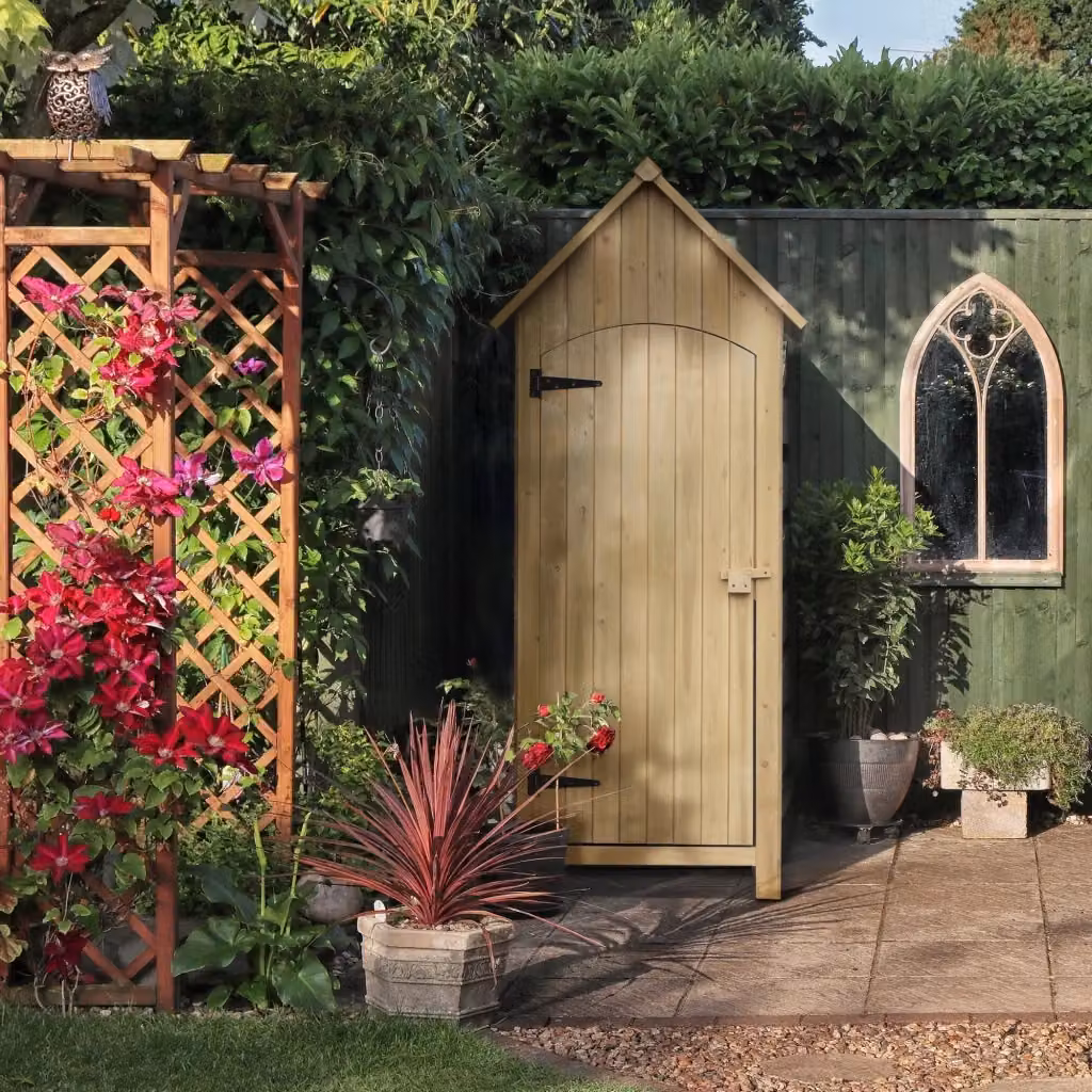 Casetta Box da Giardino OUTSY in Legno Marrone con Doppia Porta e Scaffalatura, L: 77,5 cm, P: 54,2 cm, H: 179,5 cm – 2