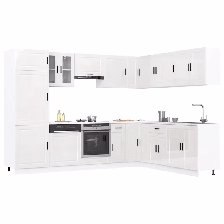 Set di mobili da cucina moderno vidaXL composto da 14 pezzi in bianco lucido con ante a cerniera e cassetti