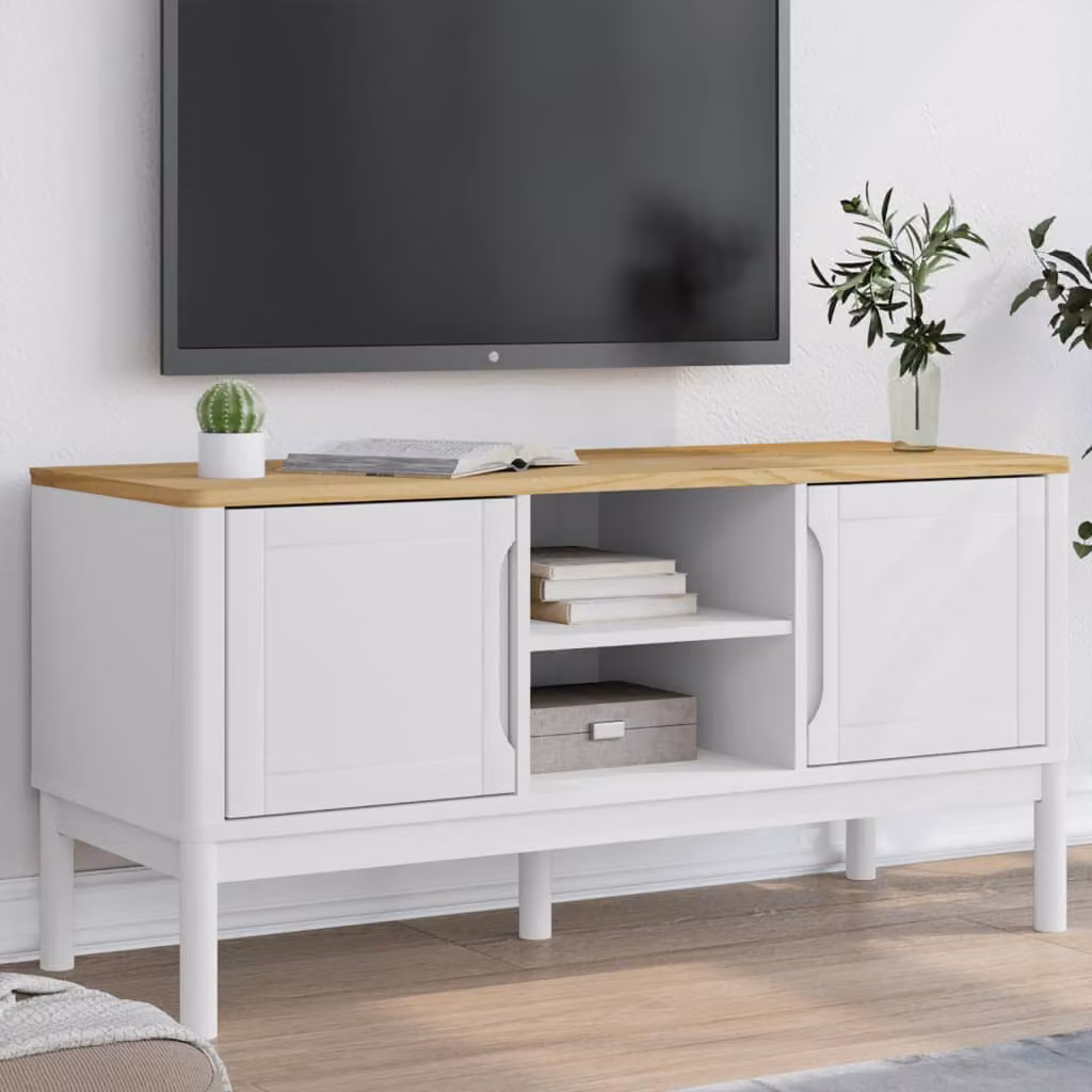 Mobile TV vidaXL FLORO in legno massello di pino, colore bianco, L 114 x P 43 x H 55 cm