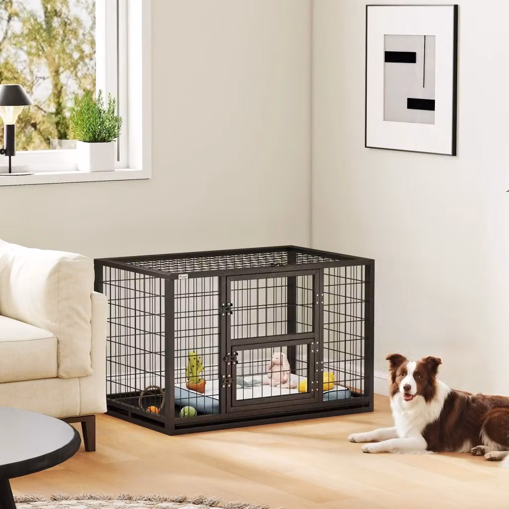 Gabbia per cani Giordanoshop robusta in metallo e plastica con vassoio rimovibile e doppia porta, colore nero, L: 94 cm, P: 60 cm, H: 64 cm – 2