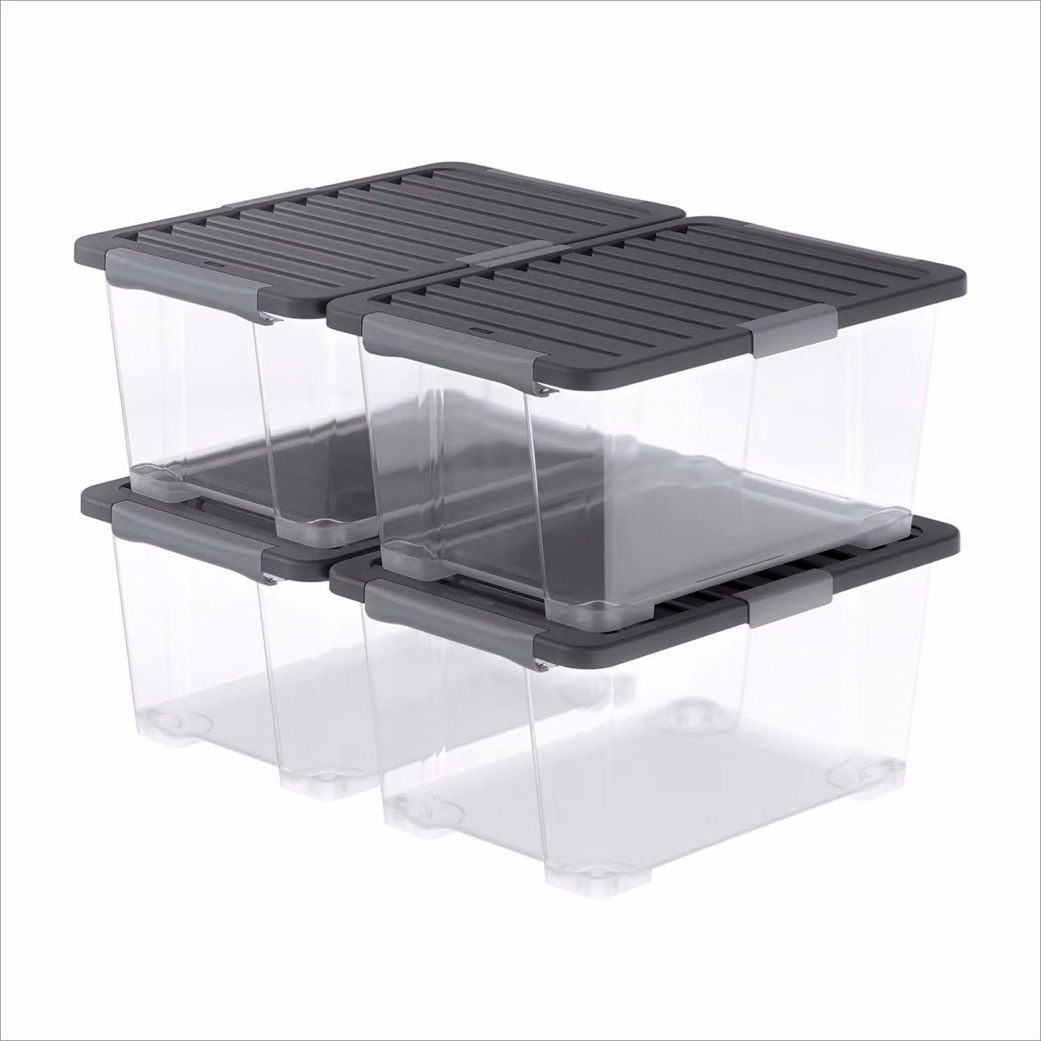 Set di 4 contenitori Rotho Core Pro da 44 litri ciascuno, con coperchio, impilabili, colore antracite. Contenitori con coperchio ermetico, dimensioni 4 x 44 litri