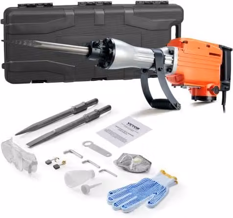 VEVOR Martello Demolitore Elettrico 2200W con 2 Punte a Scalpello, 1400 BPM, 220V, Colore Arancione