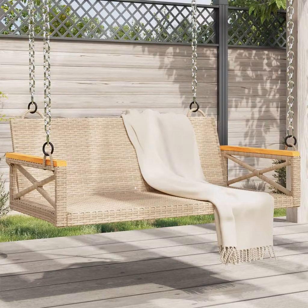 Panchina a dondolo vidaXL in polyrattan e legno di acacia oliato, colore beige, L 109 x P 62 x H 40 cm