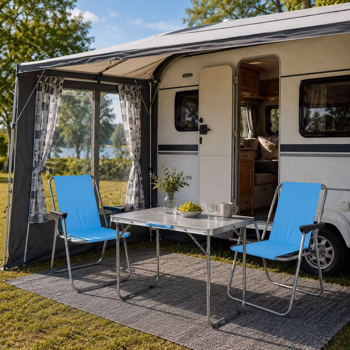 set 3 pezzi mobili da campeggio mobili da esterno in alluminio L70xL50xH59cm azzurro