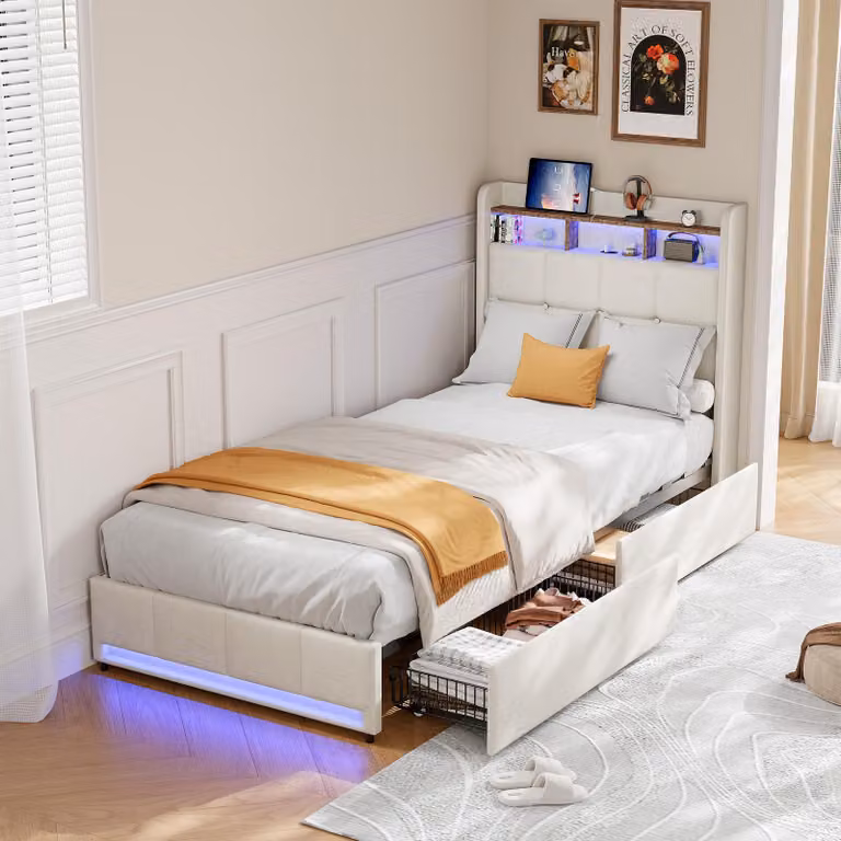 Letto imbottito Fortuna Lai 90x200cm con USB, letto per ragazzi letto singolo con rete a doghe e 2 cassetti, letto contenitore con LED, lino, beige
