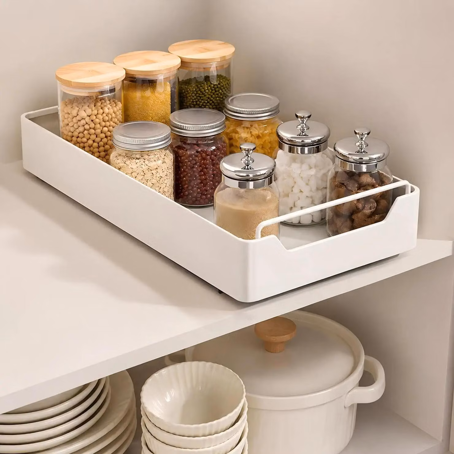 Organizzatore estraibile per cucina - Divisorio telescopico per cassetti - 30 cm - Sistema di chiusura ammortizzata - Montaggio senza foratura - Acciaio inossidabile - Bianco - Ideale per posate e spezie