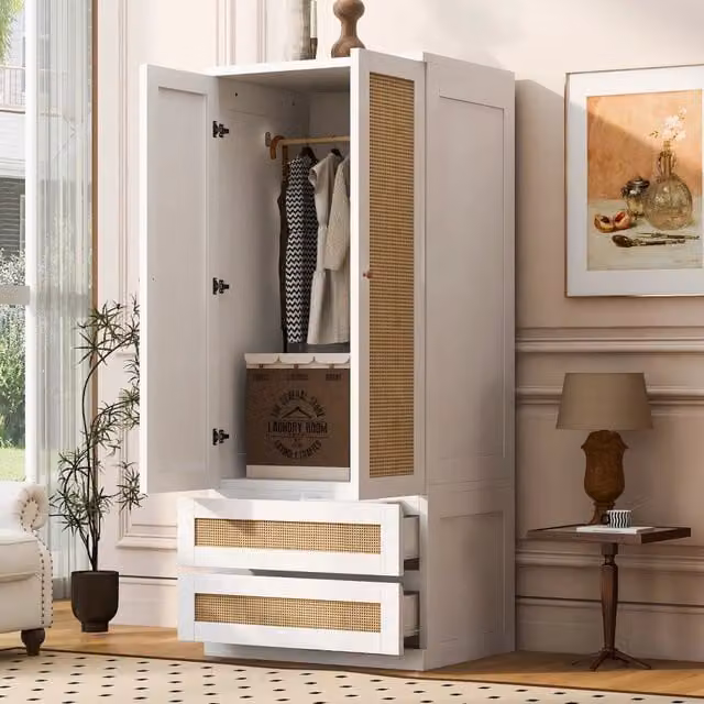 Armadio REDOM in legno bianco con ante a battente e cassetti integrati, L: 70 cm, P: 55 cm, H: 170 cm