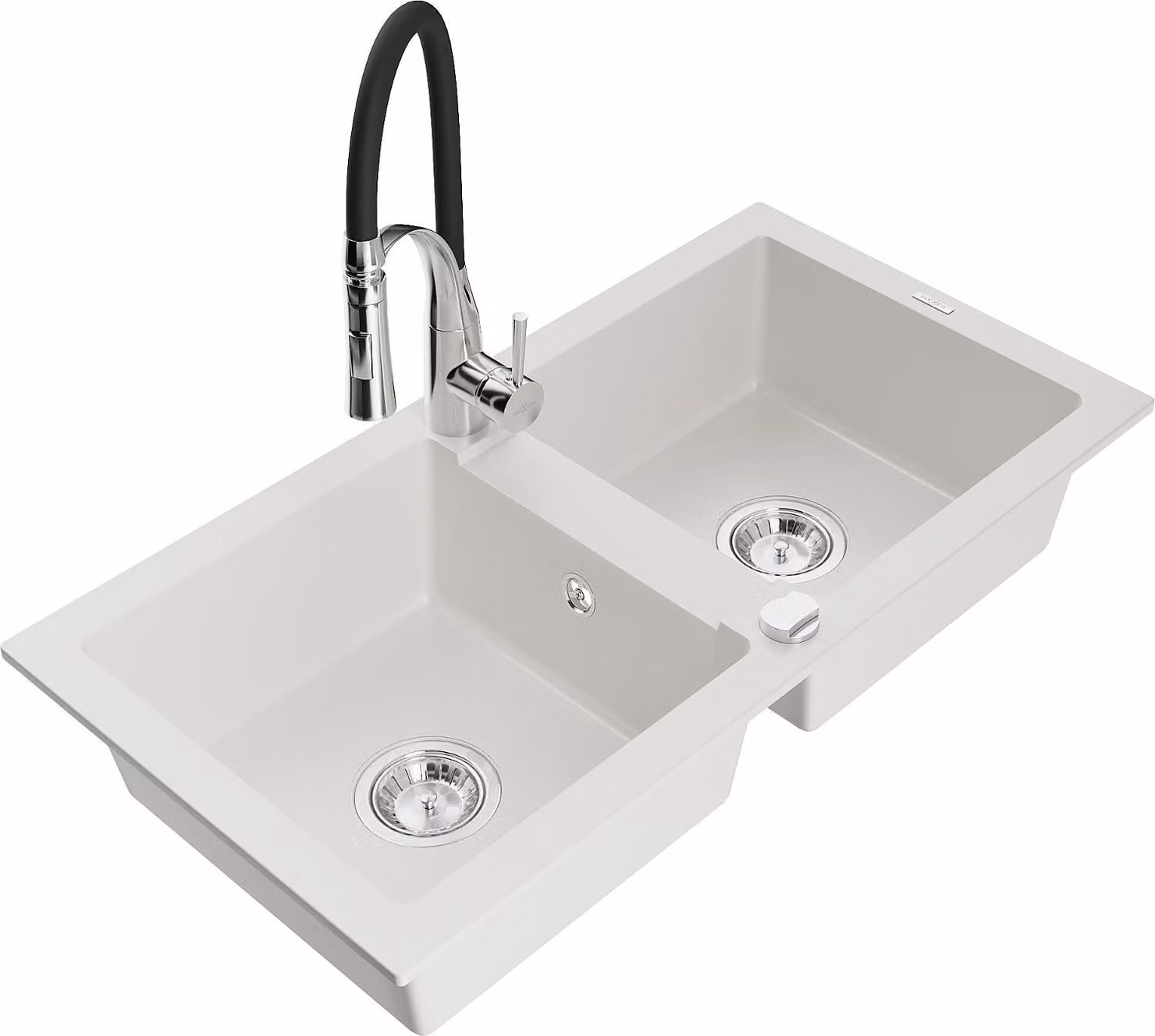 Mexen Mario lavello da cucina in granito a 2 vasche con miscelatore Aster, bianco - 6504-20-73450-07