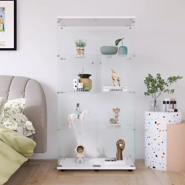 Vetrinetta in Vetro,Vetrina Soggiorno Moderna con 4 Ripiani in Vetro con 2Porta e Serratura,Vetrine per Collezionismo,(Bianco+Nessun LED, 164x80.5×36.5cm)