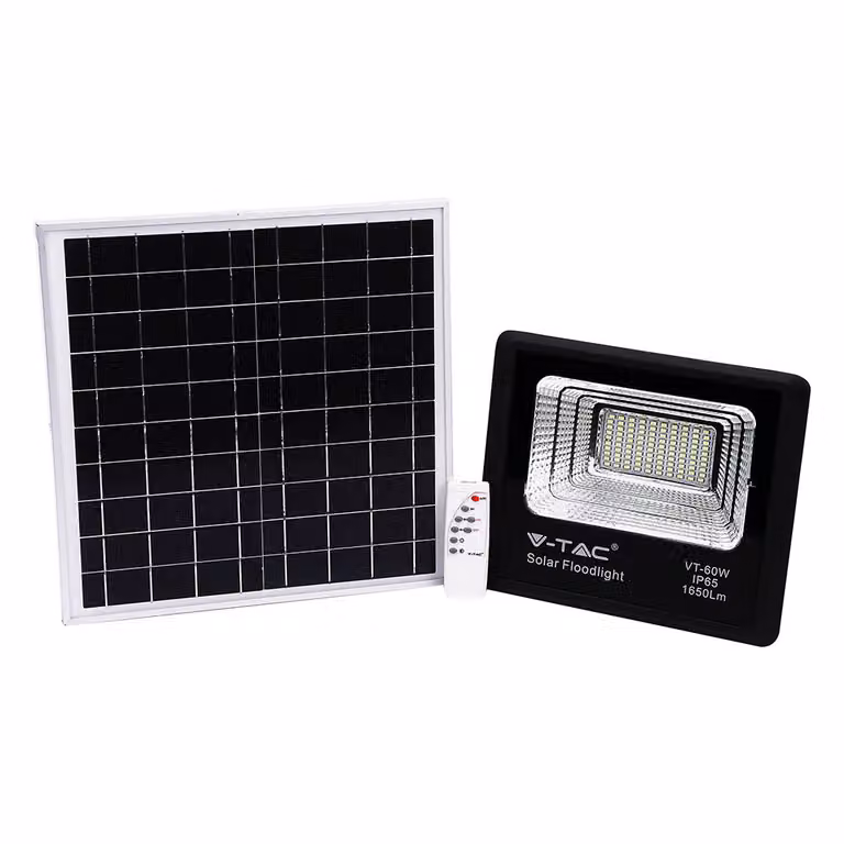 V-TAC VT-60W Faro led 60W autoalimentato nero con pannello solare e telecomando 4000K IP65 – sku 8575