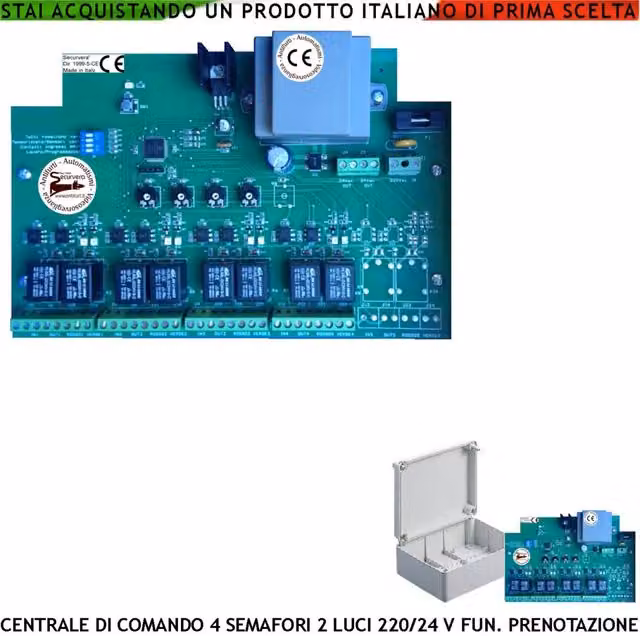 Centrale di Comando Securvera per 4 Semafori a 2 Luci Rosse e Verdi 220/24 V con Funzione di Prenotazione Manuale o da Sensori e Tempi Regolabili
