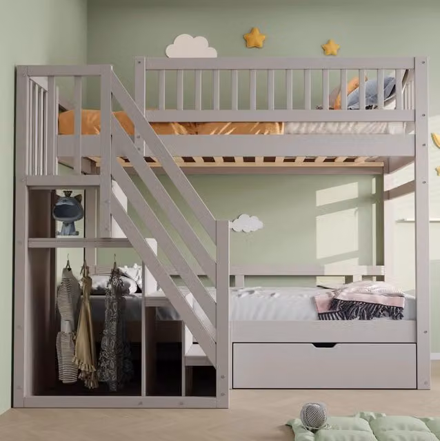 Letto a castello 90x200 cm in legno massello grigio con scala contenitore e cassetti