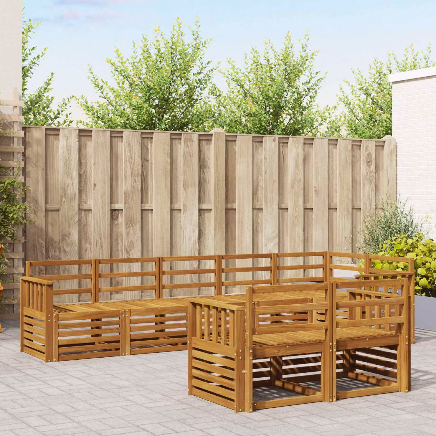 Set di divani da esterno vidaXL a forma di L composto da 8 pezzi in legno di acacia con cuscini inclusi, colori beige, bianco e marrone